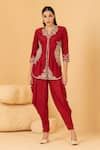 Buy_Divi by sonal khandelwal_Red Top Chanderi Embroidered Thread Notched Round Neck Zari And Dhoti Pant Set _at_Aza_Fashions