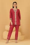 Buy_Divi by sonal khandelwal_Fuchsia Chanderi Embroidered Thread V Neck Floral Top And Pant Set _at_Aza_Fashions