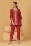 Divi by sonal khandelwal_Fuchsia Chanderi Embroidered Thread V Neck Floral Top And Pant Set _Online_at_Aza_Fashions