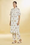 Naintara Bajaj White Cotton Collared Floral Block Kurta With Palazzo Online at Aza Fashions Naintara Bajaj_White Cotton Collared Floral Block Kurta With Palazzo _Online_at_Aza_Fashions