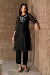 Buy_NUHH_Black Chanderi Embroidery Stones Embellished Neckline Kurta Pant Set  _Online_at_Aza_Fashions