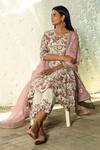 Buy_NUHH_Off White Cotton Embroidery Round Neck Flower Pattern Anarkali Pant Set _at_Aza_Fashions