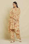 Buy_Samyukta Singhania_Brown Mulmul Cotton Printed Floral Round Kaftan Kurta And Pant Set _Online_at_Aza_Fashions