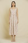 Samyukta Singhania_White Cotton Round Neck Floral Print Dress _Online_at_Aza_Fashions
