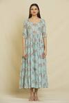 Samyukta Singhania_Blue Cotton, Muslin Round Neck Daisy Floral Print Tiered Dress _Online_at_Aza_Fashions