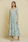 Buy_Samyukta Singhania_Blue Cotton, Muslin Round Neck Daisy Floral Print Tiered Dress _Online_at_Aza_Fashions