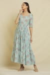 Shop_Samyukta Singhania_Blue Cotton, Muslin Round Neck Daisy Floral Print Tiered Dress _Online_at_Aza_Fashions