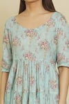 Samyukta Singhania_Blue Cotton, Muslin Round Neck Daisy Floral Print Tiered Dress _at_Aza_Fashions