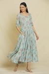Buy_Samyukta Singhania_Blue Cotton, Muslin Round Neck Daisy Floral Print Tiered Dress _at_Aza_Fashions