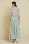 Shop_Samyukta Singhania_Blue Cotton, Muslin Round Neck Daisy Floral Print Tiered Dress _at_Aza_Fashions
