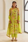 Buy_HOUSE OF PINK_Green Kurta And Pant Chanderi Printed Floral Patterns Round Anarkali Set _at_Aza_Fashions