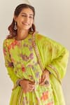 Buy_HOUSE OF PINK_Green Kurta And Pant Chanderi Printed Floral Patterns Round Anarkali Set _Online_at_Aza_Fashions