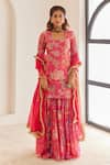 Buy_HOUSE OF PINK_Pink Kurta And Sharara Chanderi Printed Floral Patterns U Neck Set _at_Aza_Fashions