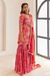 Buy_HOUSE OF PINK_Pink Kurta And Sharara Chanderi Printed Floral Patterns U Neck Set _Online_at_Aza_Fashions