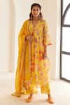 Buy_HOUSE OF PINK_Yellow Kurta And Pant Chanderi Printed Floral Patterns V Floret Anarkali Set _at_Aza_Fashions