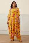 Buy_House of Pink_Yellow Kaftan Organza Printed Floral Patterns Round And Pant Set _at_Aza_Fashions