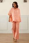 Buy_HOUSE OF PINK_Peach Linen Print Floral Collared Neck Asymmetric Shirt With Trouser _at_Aza_Fashions