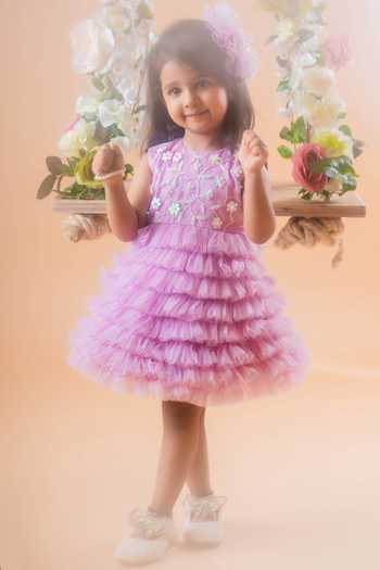 Toplove_Purple Net, Taffeta Pearls Floral Embellished Tulle Dress With Hair Accessory _Online_at_Aza_Fashions