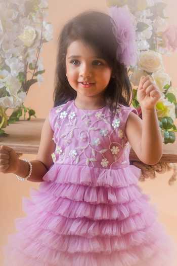 Buy_Toplove_Purple Net, Taffeta Pearls Floral Embellished Tulle Dress With Hair Accessory _Online_at_Aza_Fashions