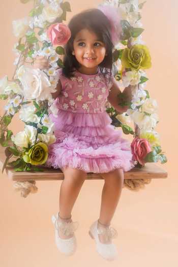 Toplove_Purple Net, Taffeta Pearls Floral Embellished Tulle Dress With Hair Accessory _at_Aza_Fashions