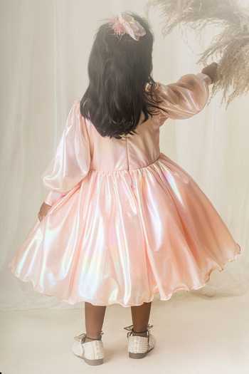 Shop_Toplove_Peach Silk, Taffeta Applique Roseate Shimmer Dress With Hair Accessory _at_Aza_Fashions