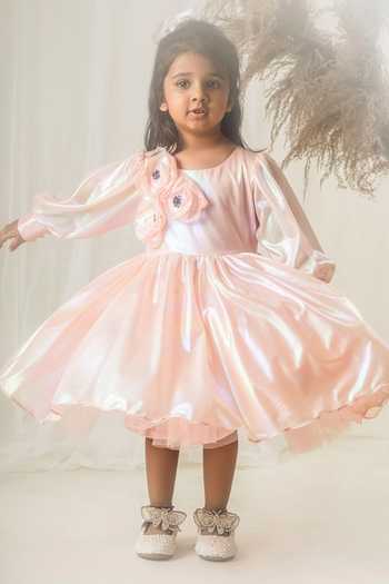 Toplove_Peach Silk, Taffeta Applique Roseate Shimmer Dress With Hair Accessory _Online_at_Aza_Fashions