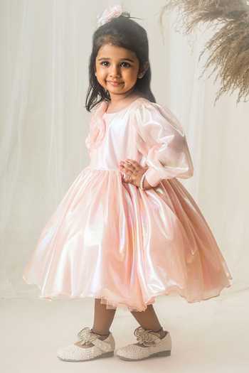 Shop_Toplove_Peach Silk, Taffeta Applique Roseate Shimmer Dress With Hair Accessory _Online_at_Aza_Fashions
