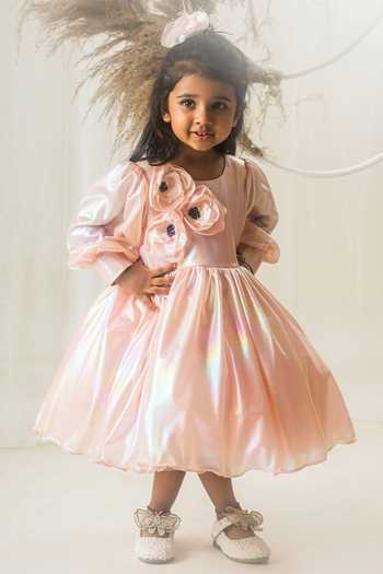 Toplove_Peach Silk, Taffeta Applique Roseate Shimmer Dress With Hair Accessory _at_Aza_Fashions