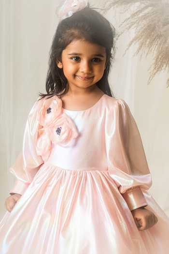 Buy_Toplove_Peach Silk, Taffeta Applique Roseate Shimmer Dress With Hair Accessory 
