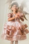 Buy_Toplove_Gold Net, Kota Doria, Taffeta Sequins, Pearls Bow Layered Dress With Hair Band _at_Aza_Fashions