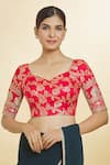 Buy Samyukta Singhania Red Jacquard Embroidery V-neck Botanical Pattern V Blouse at Aza Fashions Buy_Samyukta Singhania_Red Jacquard Embroidery V-neck Botanical Pattern V Blouse_at_Aza_Fashions