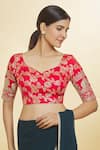 Shop Samyukta Singhania Red Jacquard Embroidery V-neck Botanical Pattern V Blouse Online at Aza Fashions Shop_Samyukta Singhania_Red Jacquard Embroidery V-neck Botanical Pattern V Blouse_Online_at_Aza_Fashions