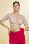 Shop_Samyukta Singhania_Peach Silk Embroidery Plunge Neck Geometric Pattern Blouse _Online_at_Aza_Fashions