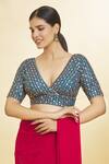Buy_Samyukta Singhania_Blue Silk Embroidery, Sequins Plunge Neck Checkered Pattern Blouse _at_Aza_Fashions