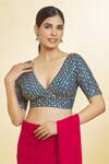 Shop_Samyukta Singhania_Blue Silk Embroidery, Sequins Plunge Neck Checkered Pattern Blouse _Online_at_Aza_Fashions