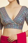 Samyukta Singhania_Blue Silk Embroidery, Sequins Plunge Neck Checkered Pattern Blouse _at_Aza_Fashions