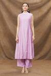 Kanj by Priyanka A Sakhuja_Purple Silk Chanderi Embroidery Pearls High Neck Kurta Palazzo Set _Online_at_Aza_Fashions