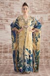 Buy_Rajdeep Ranawat_Yellow Silk Digital Printed Florette V Neck Imama Kaftan _at_Aza_Fashions