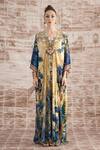 Rajdeep Ranawat_Yellow Silk Digital Printed Florette V Neck Imama Kaftan _Online_at_Aza_Fashions
