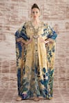 Rajdeep Ranawat_Yellow Silk Digital Printed Florette V Neck Imama Kaftan _at_Aza_Fashions