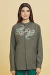 Aiman_Grey Cotton Embroidery Crocodile Mandarin Collar Shirt _Online_at_Aza_Fashions