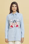 Aiman_Blue Cotton Embroidery Love Battery Collar Doodle Shirt  _Online_at_Aza_Fashions