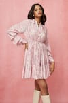 Shop_Label Frow_Pink Crepe Printed Floral Collared V Bailarina Frilled Dress _Online_at_Aza_Fashions