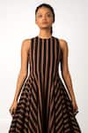 KA-Sha_Brown Cotton Applique Round Neck Bela Stripe Pattern Dress _Online_at_Aza_Fashions