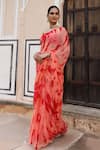 Shop_Geroo Jaipur_Peach Saree Chiffon Dyed Shibori With Unstitched Blouse Fabric _Online_at_Aza_Fashions