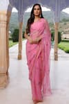 Buy_Geroo Jaipur_Pink Saree Chiffon Hand-painted Floral With Unstitched Blouse _at_Aza_Fashions