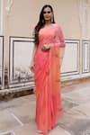 Buy_Geroo Jaipur_Peach Saree Chiffon Hand-painted Floral Pattern With Unstitched Blouse Fabric_at_Aza_Fashions