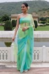 Geroo Jaipur_Green Saree Chiffon Hand-painted Feather With Unstitched Blouse _Online_at_Aza_Fashions