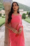 Buy_Geroo Jaipur_Pink Saree Chiffon Hand-painted Feather Shaded With Unstitched Blouse Fabric_Online_at_Aza_Fashions