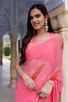 Geroo Jaipur_Pink Saree Chiffon Hand-painted Feather Shaded With Unstitched Blouse Fabric_at_Aza_Fashions